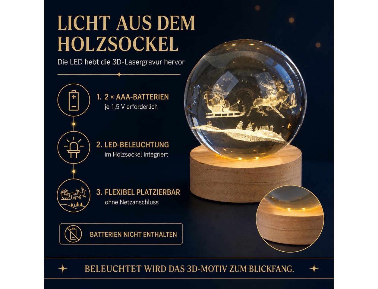 formano LED Dekolicht LED-Kristallkugel Santa im Schlitten auf Holzsockel, 10 cm, LED fest integriert Bild 2