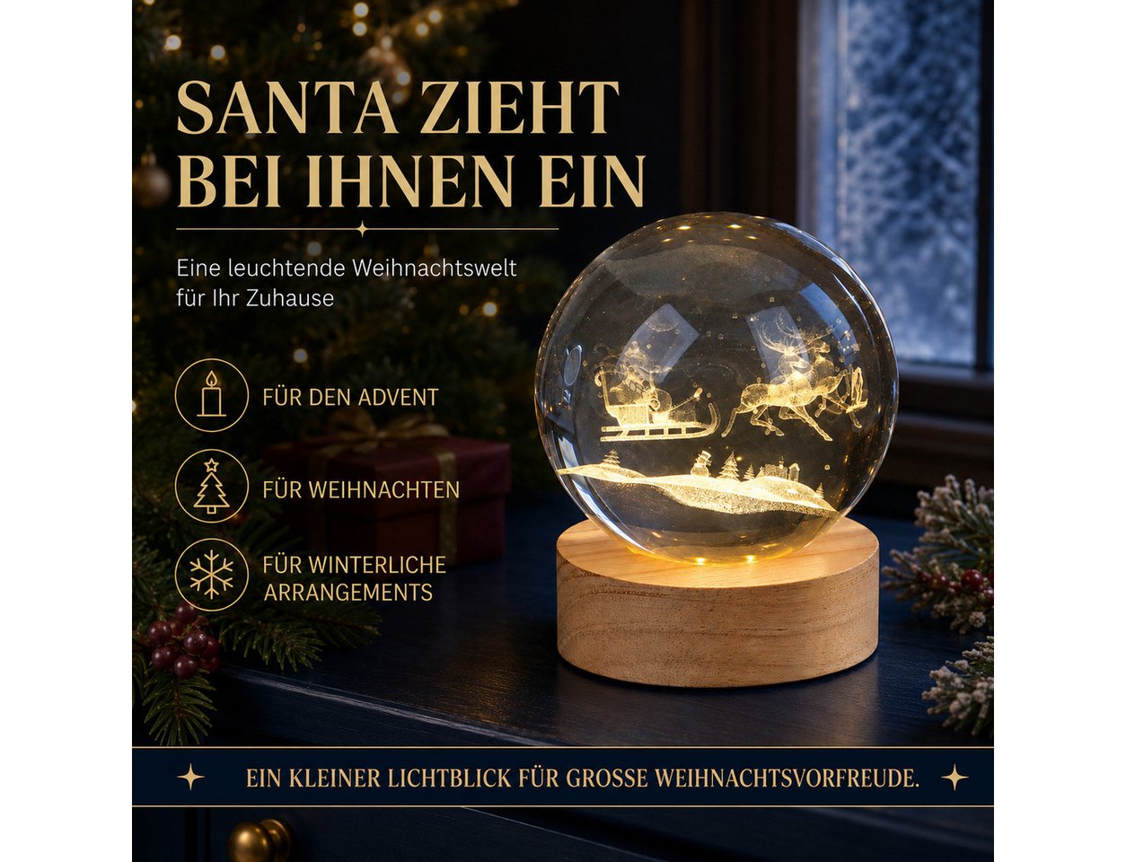 formano LED Dekolicht LED-Kristallkugel Santa im Schlitten auf Holzsockel, 10 cm, LED fest integriert Bild 3