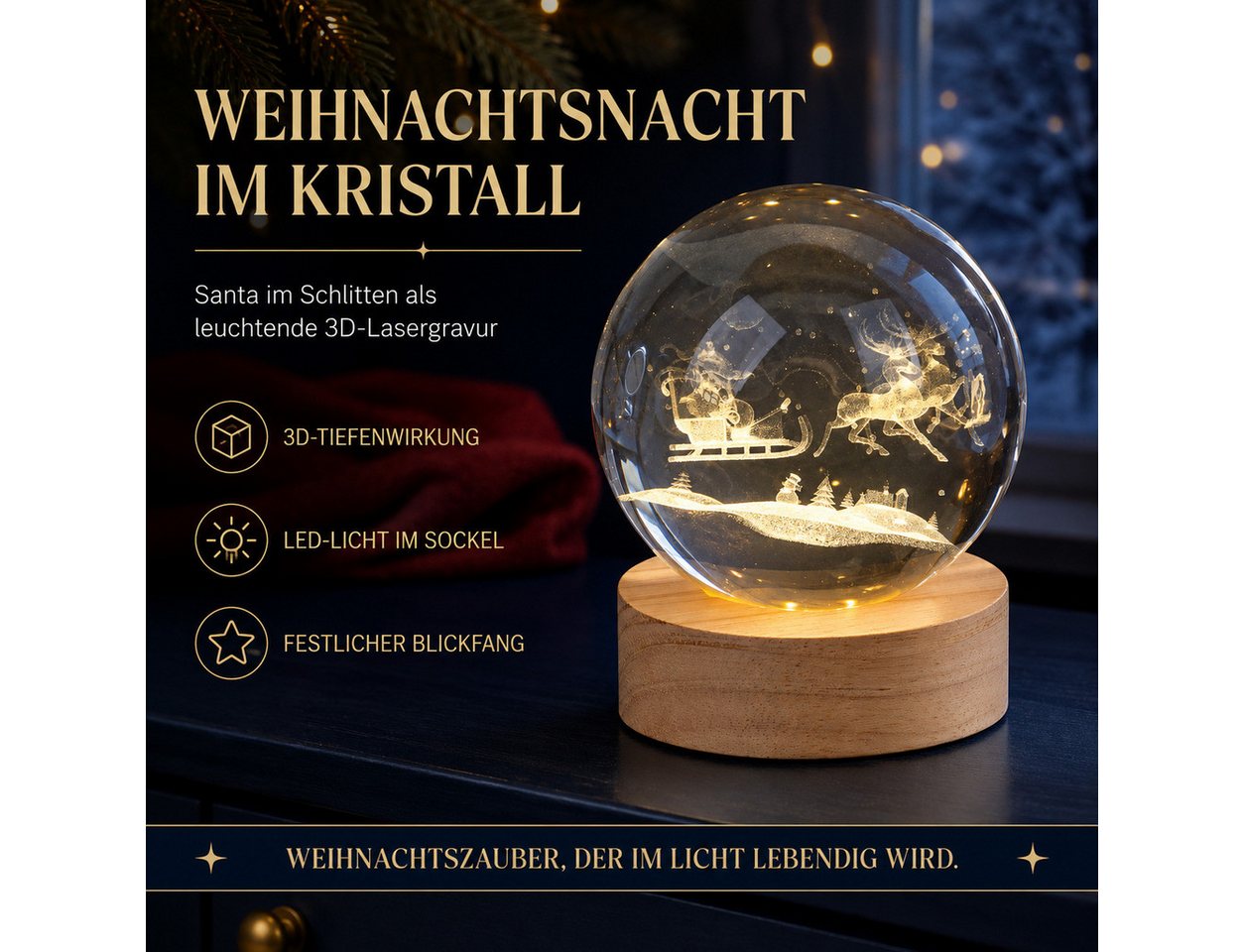 formano LED Dekolicht LED-Kristallkugel Santa im Schlitten auf Holzsockel, 10 cm, LED fest integriert Bild 5