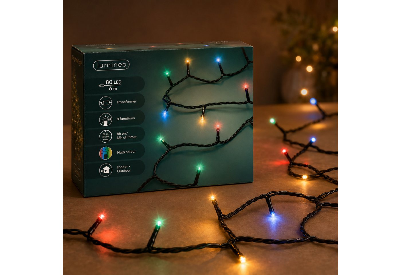 Lumineo LED-Lichterkette, LED Lichterkette 6m Basic mit Trafo 80 LEDs Bunt / Schwarz