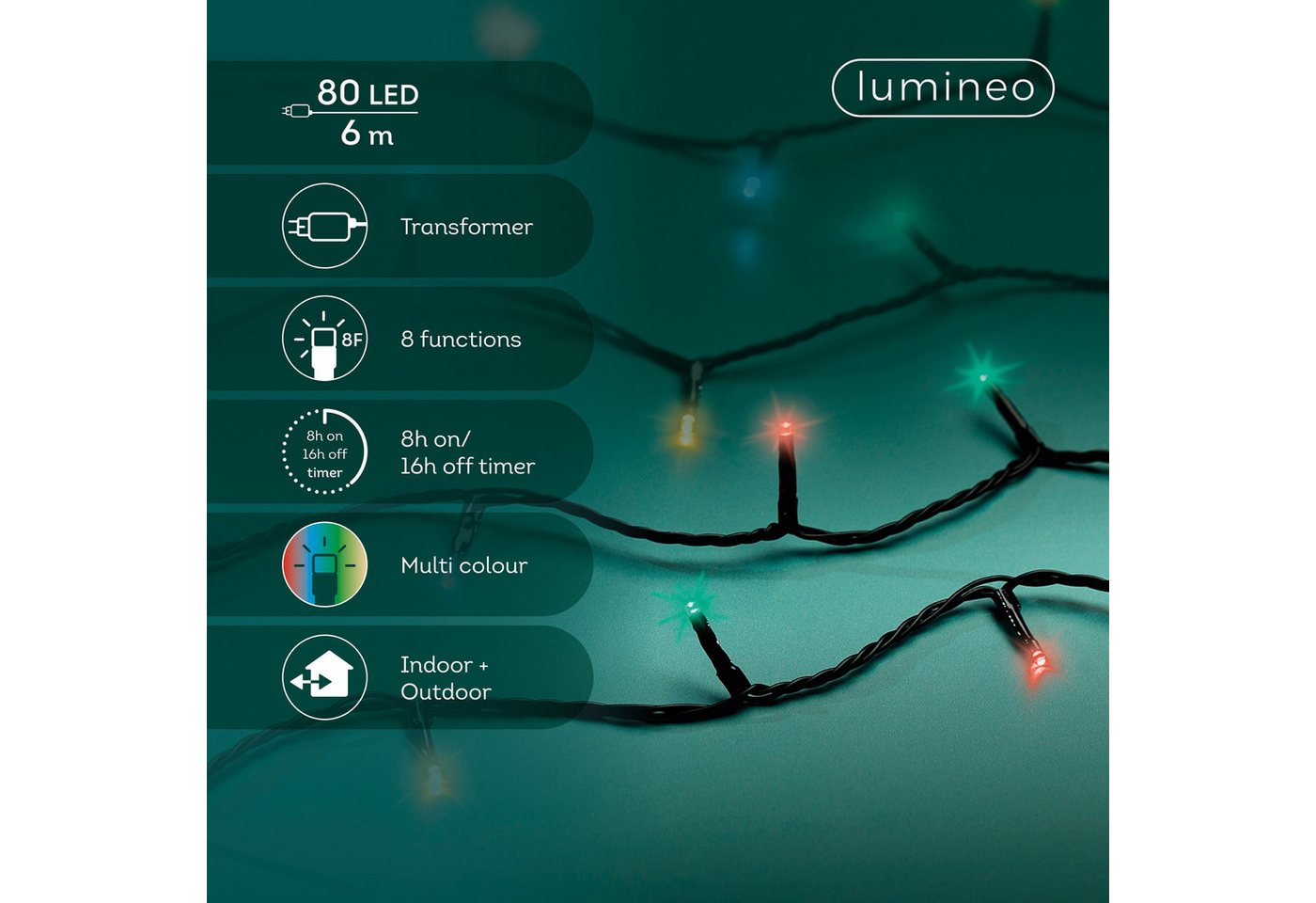 Lumineo LED-Lichterkette, LED Lichterkette 6m Basic mit Trafo 80 LEDs Bunt / Schwarz Bild 4