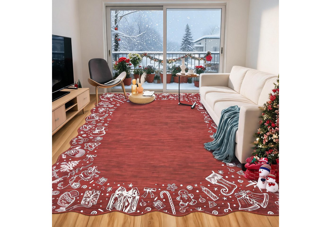 GarveeMore Teppich Weihnachtsmuster Roter Teppich mit Zackenkante – Festlicher Hingucker, rechteckig, Höhe: 5 mm Bild 5
