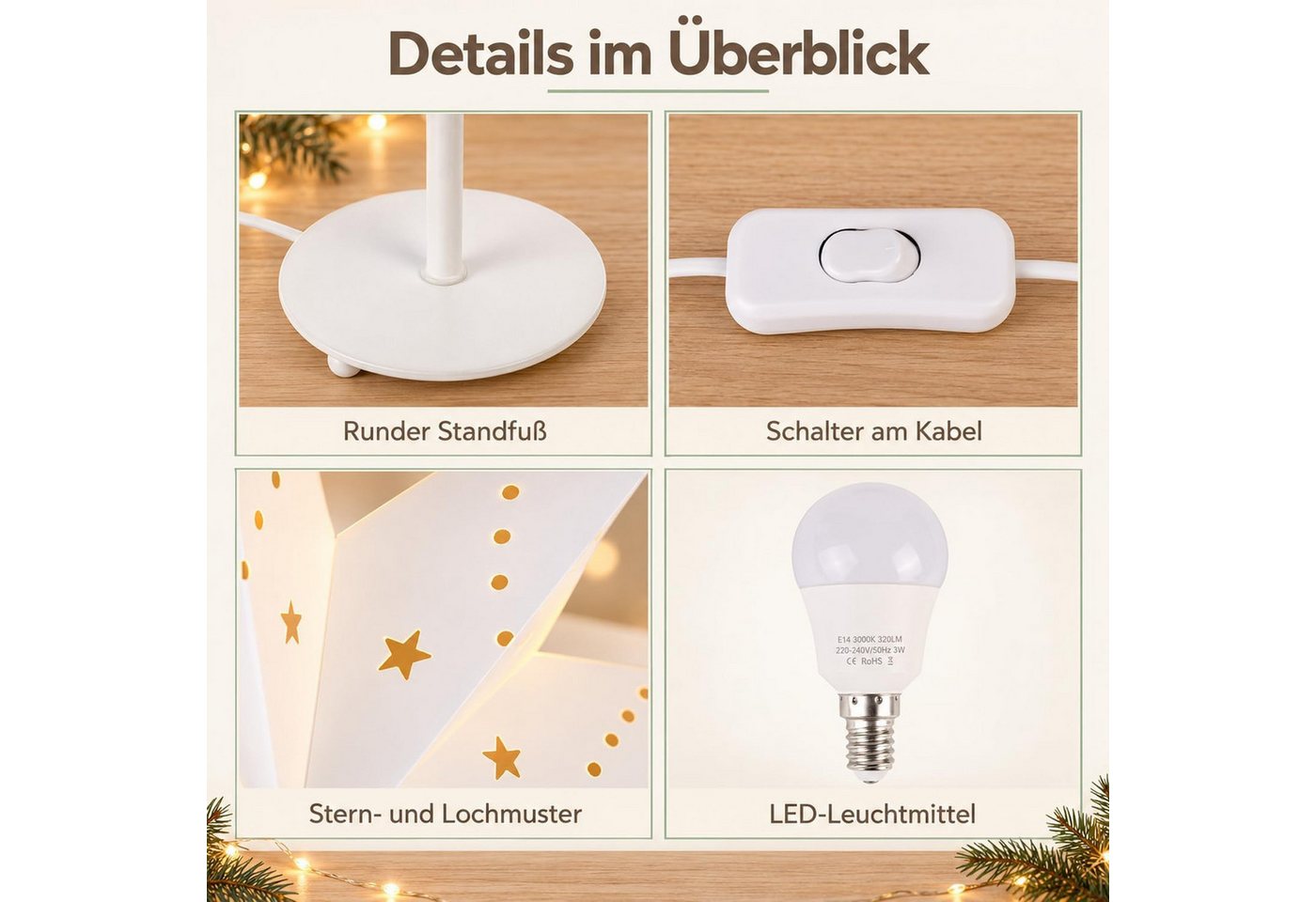 Salcar LED Stern LED Dekolicht Weihnachtsstern Papierstern-Lichterkette Beleuchtete, 55cm Schreibtischlampe, Dekoration Sterne Warmweiß 55cm Bild 2