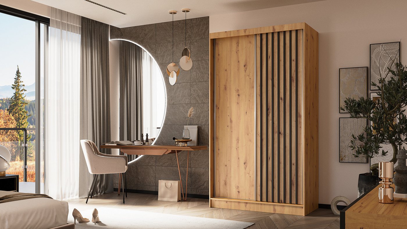 ALTDECOR Schiebetürenschrank LABELLO (Kleiderschrank Garderobenschrank mit viel Stauraum Moderner Schrank) Vielseitiger Schwebetürenschrank Lamellen LED Beleuchtung Bild 3