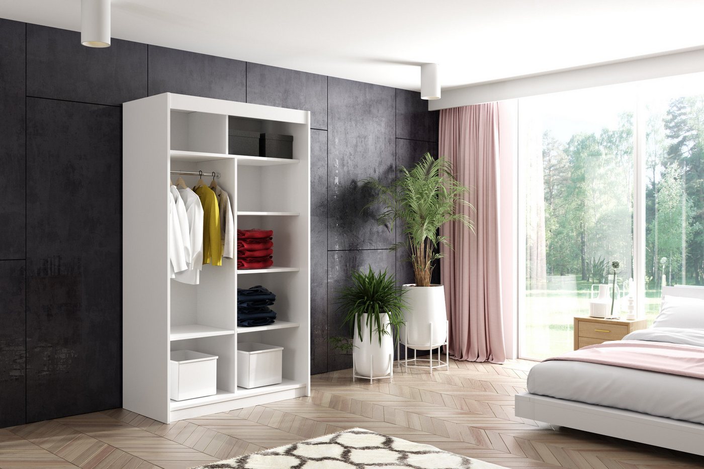 ALTDECOR Schiebetürenschrank LABELLO (Kleiderschrank Garderobenschrank mit viel Stauraum Moderner Schrank) Vielseitiger Schwebetürenschrank Lamellen LED Beleuchtung Bild 4