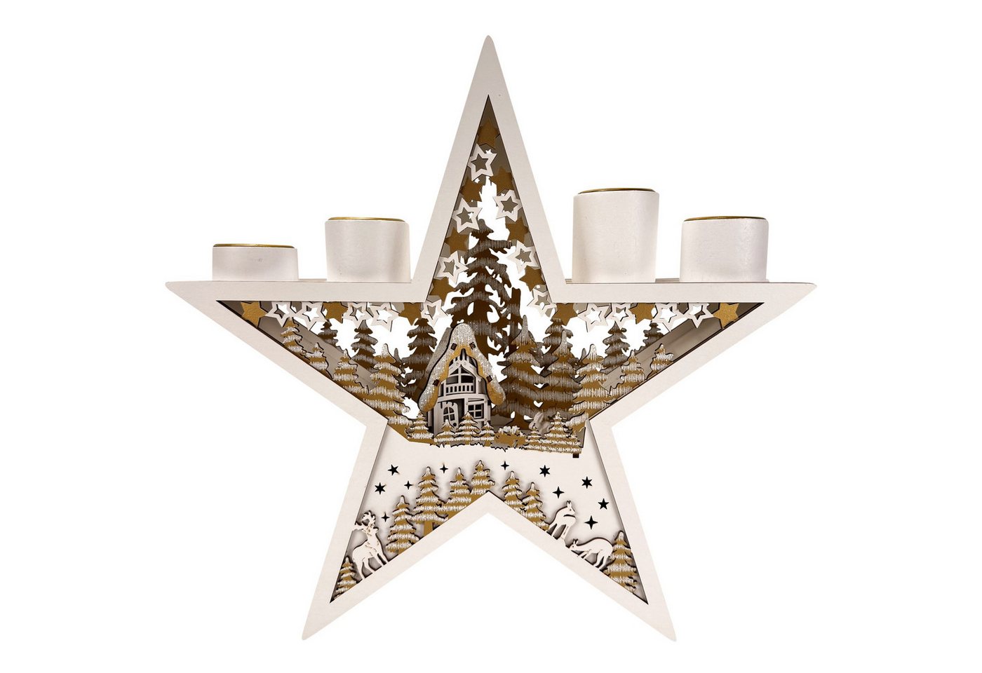 Online-Fuchs Adventskranz für 4 Teelichter in Form eines Holzstern mit LED-Beleuchtung & Timer, eine besondere und stimmungsvolle Weihnachtsdekoration