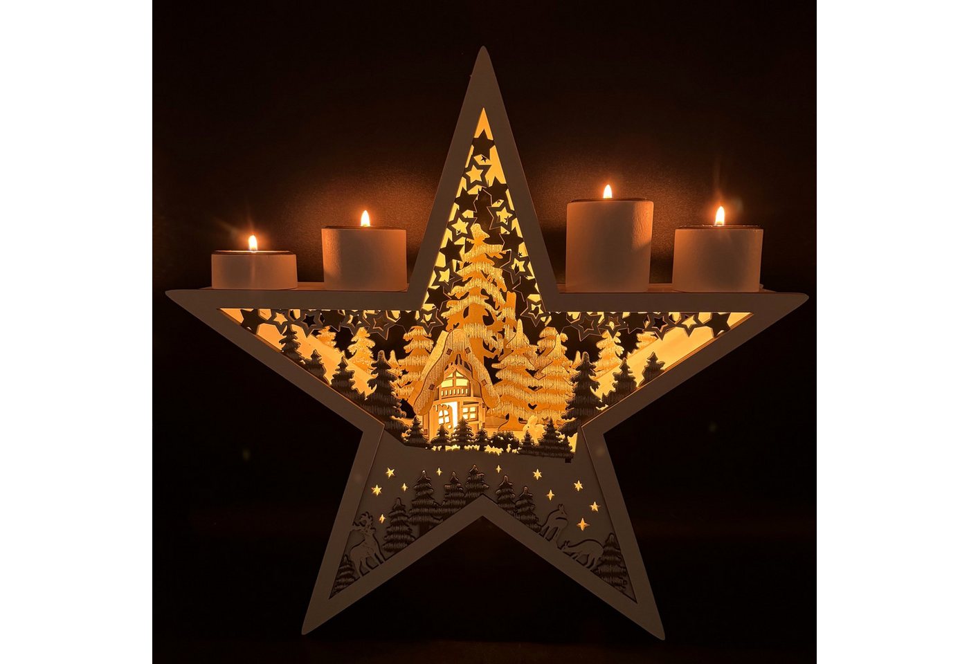 Online-Fuchs Adventskranz für 4 Teelichter in Form eines Holzstern mit LED-Beleuchtung & Timer, eine besondere und stimmungsvolle Weihnachtsdekoration Bild 2