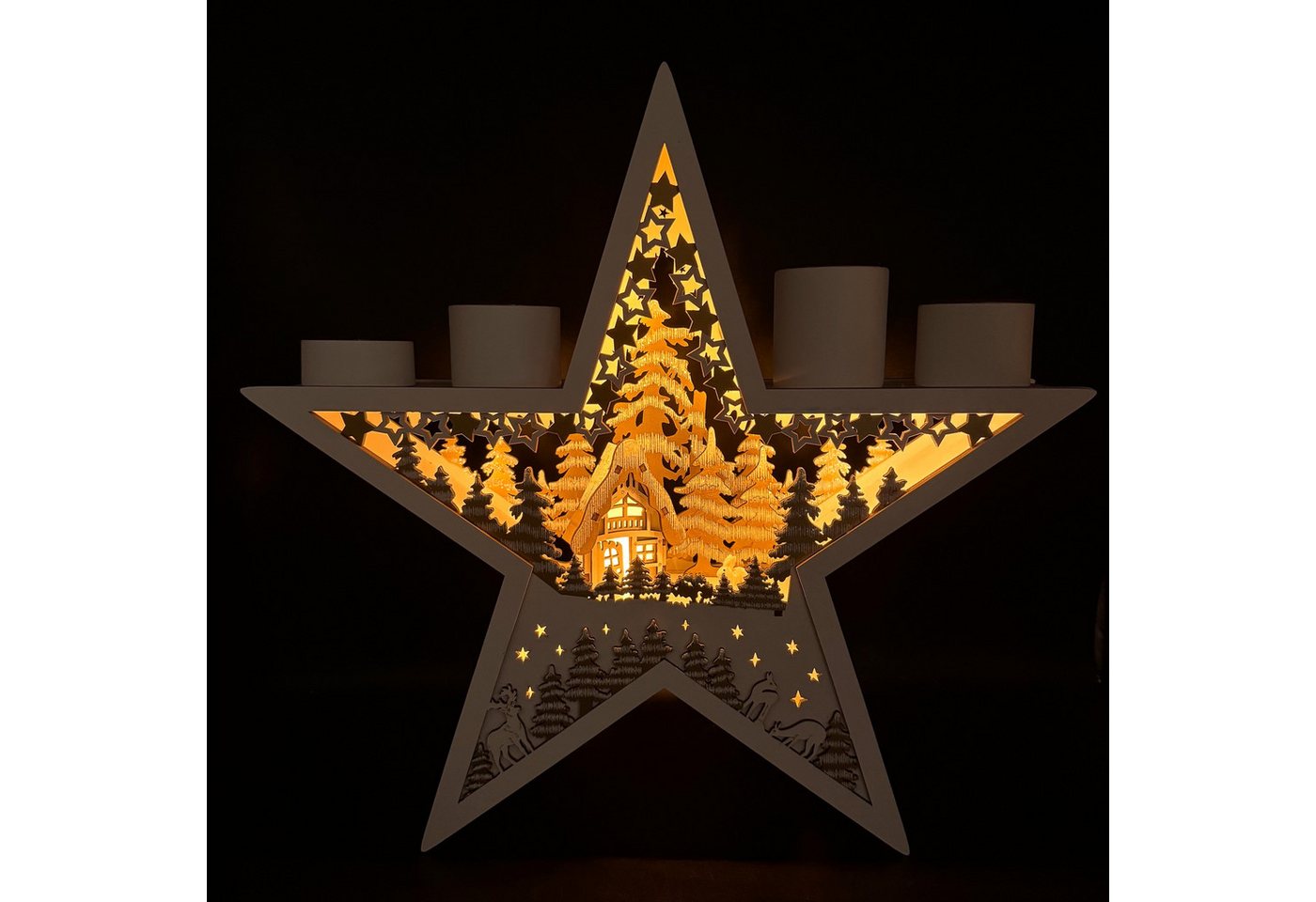 Online-Fuchs Adventskranz für 4 Teelichter in Form eines Holzstern mit LED-Beleuchtung & Timer, eine besondere und stimmungsvolle Weihnachtsdekoration Bild 4