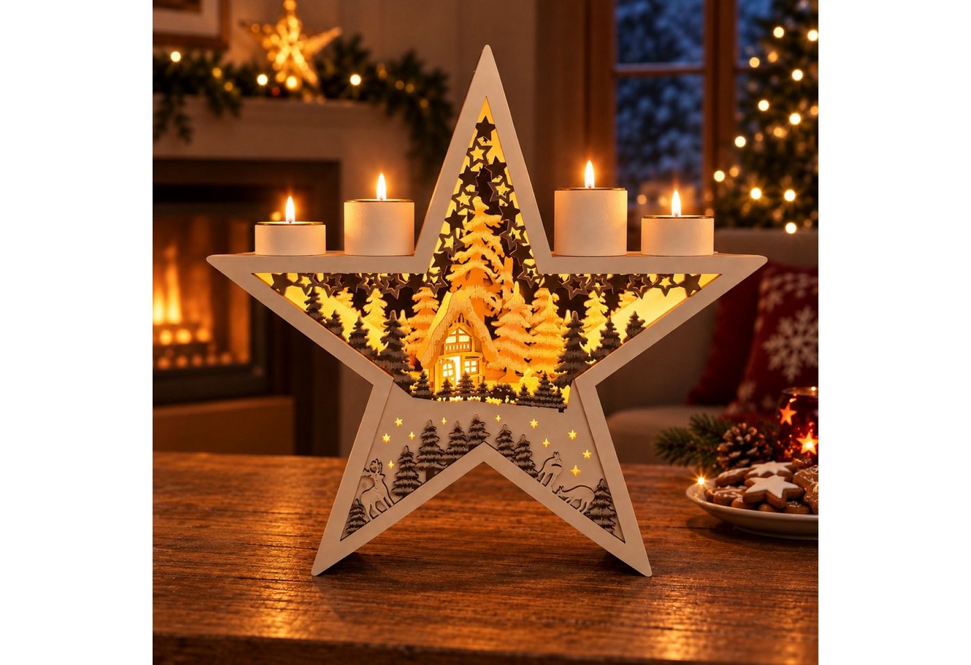 Online-Fuchs Adventskranz für 4 Teelichter in Form eines Holzstern mit LED-Beleuchtung & Timer, eine besondere und stimmungsvolle Weihnachtsdekoration Bild 5