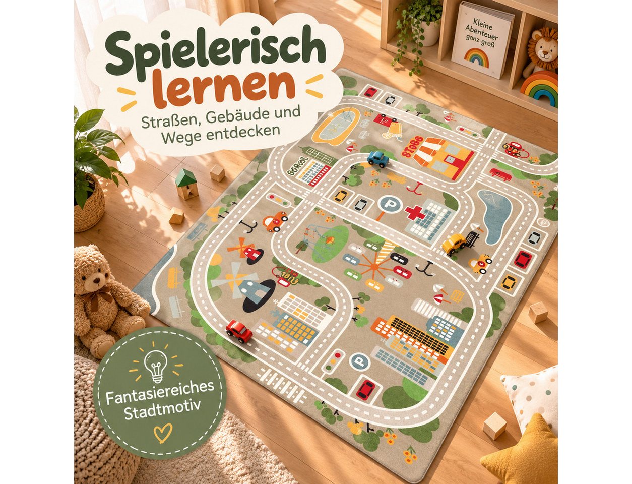 Luckice Kinderteppich mit Stadt- und Verkehrsmotiv, rutschfeste Unterseite, weiche Spielunterlage für Kinderzimmer,zum Spielen,Krabbeln und Lernen