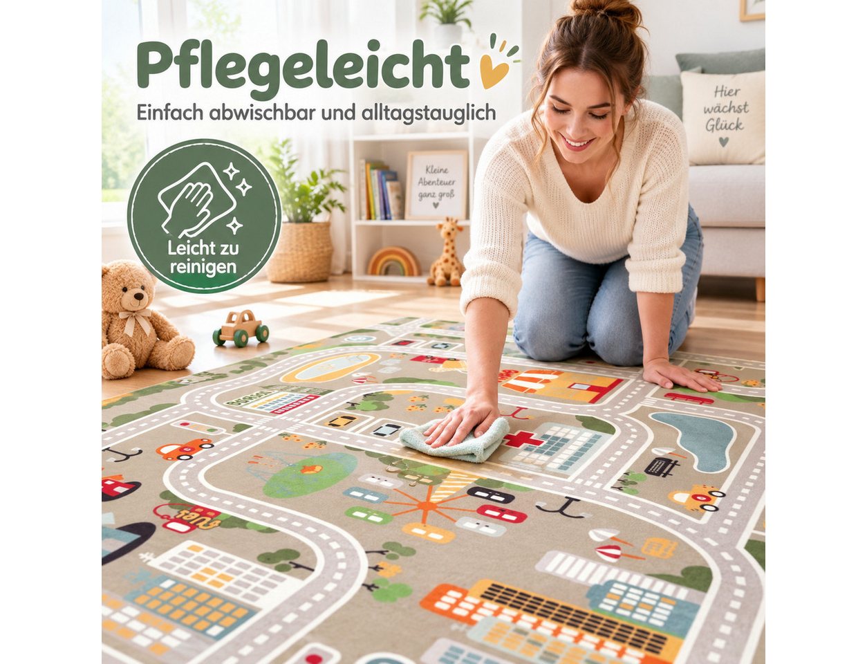 Luckice Kinderteppich mit Stadt- und Verkehrsmotiv, rutschfeste Unterseite, weiche Spielunterlage für Kinderzimmer,zum Spielen,Krabbeln und Lernen Bild 2