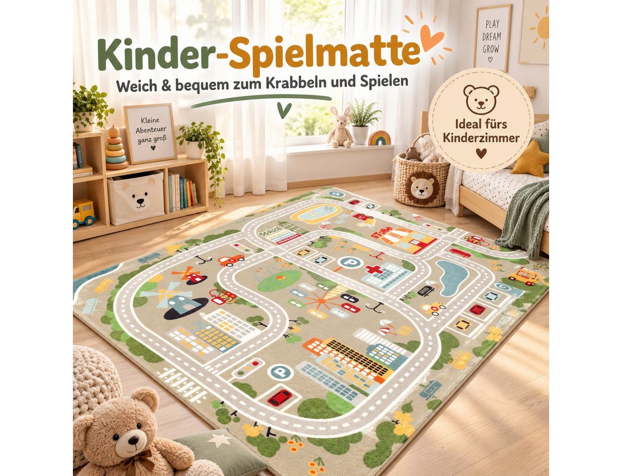 Luckice Kinderteppich mit Stadt- und Verkehrsmotiv, rutschfeste Unterseite, weiche Spielunterlage für Kinderzimmer,zum Spielen,Krabbeln und Lernen Bild 3