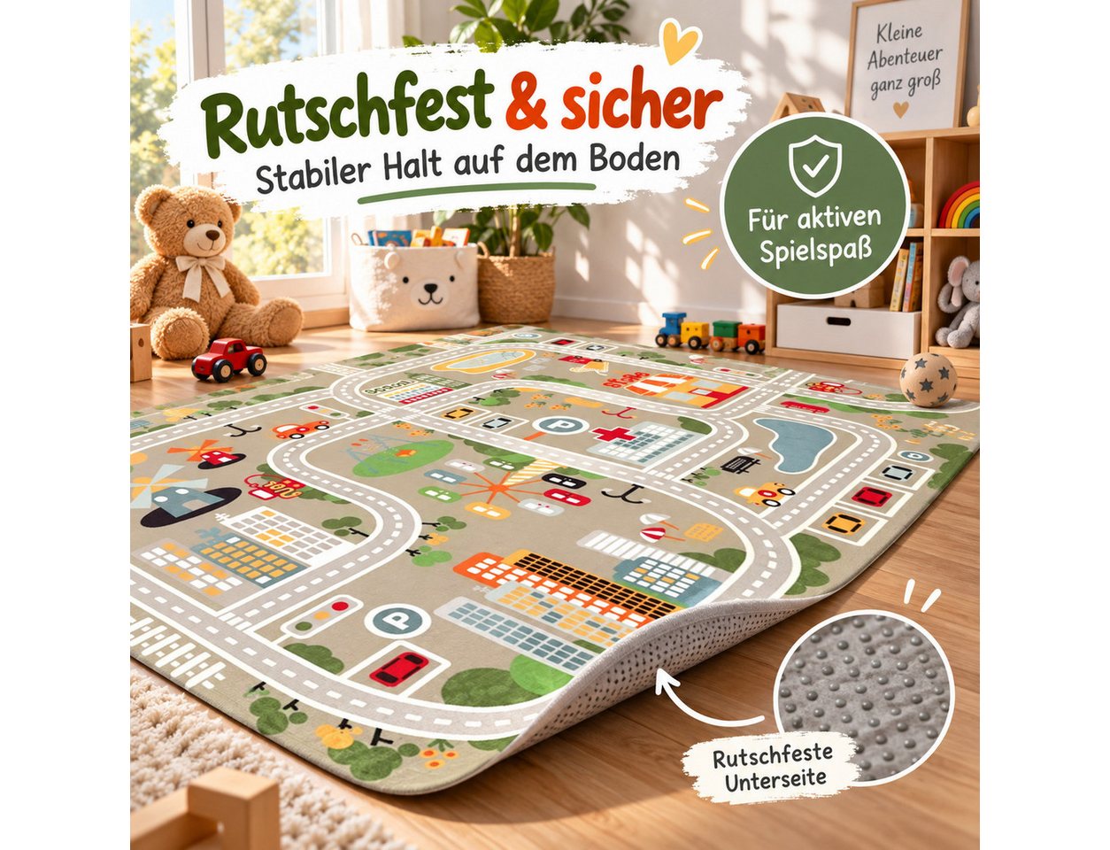 Luckice Kinderteppich mit Stadt- und Verkehrsmotiv, rutschfeste Unterseite, weiche Spielunterlage für Kinderzimmer,zum Spielen,Krabbeln und Lernen Bild 5