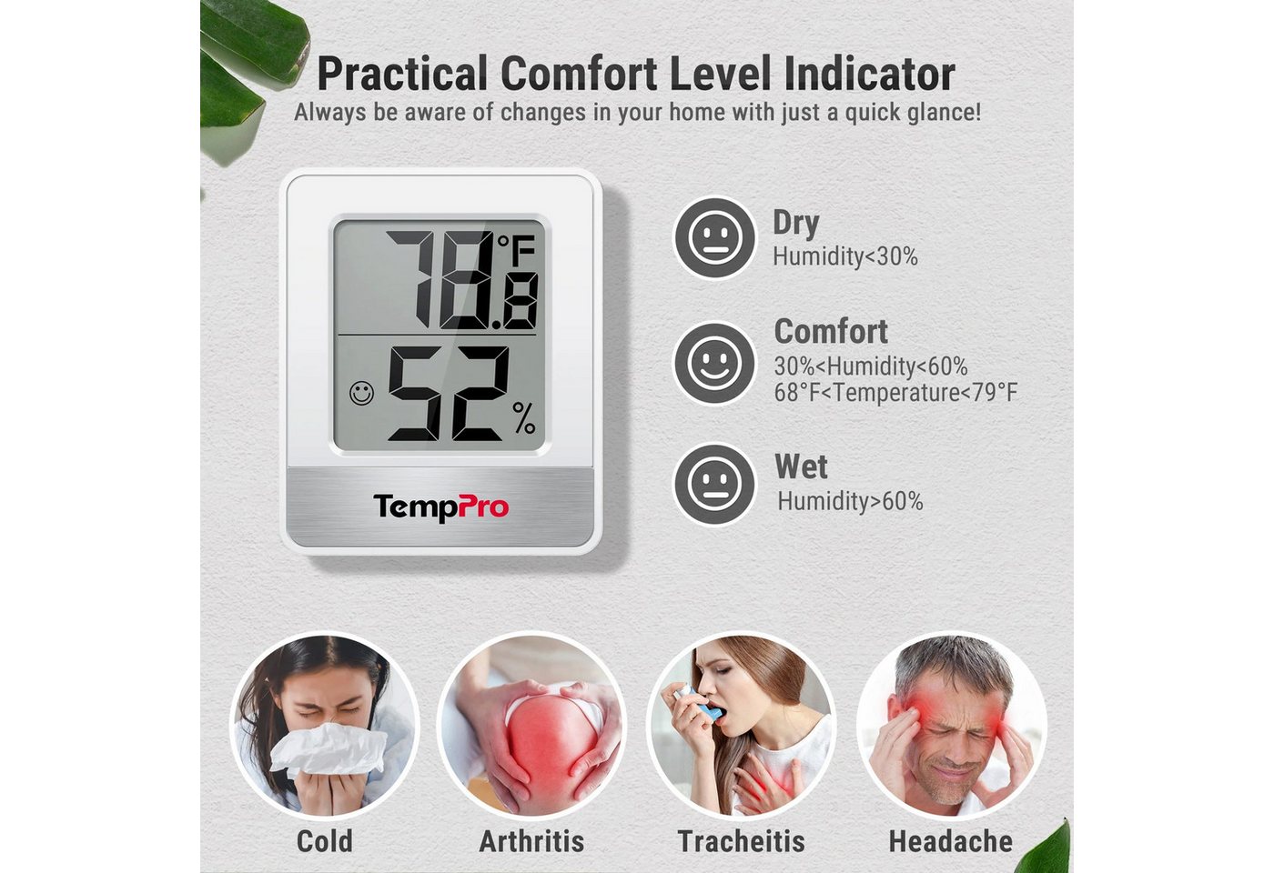 ThermoPro Hygrometer TP49, (1-St), Komfortindikator, Magnetrückseite, Standfuß, Aufhängeöffnung Bild 4