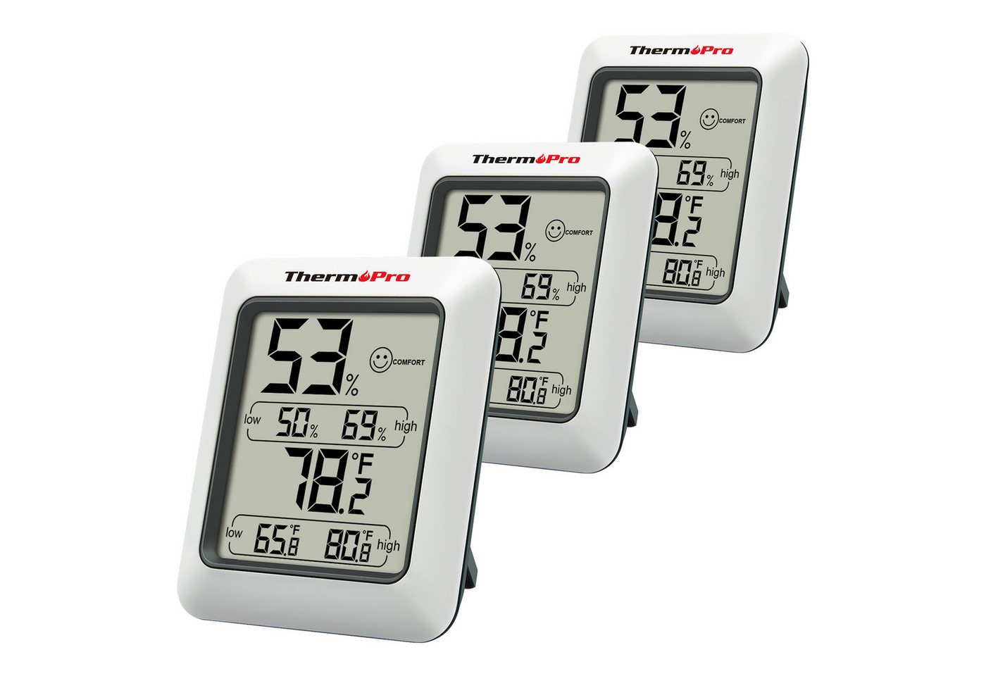ThermoPro Hygrometer TP50, (Packung, 3-St), Höchstwerte und Tiefstwerte, Komfortindikator, Magnetrückseite