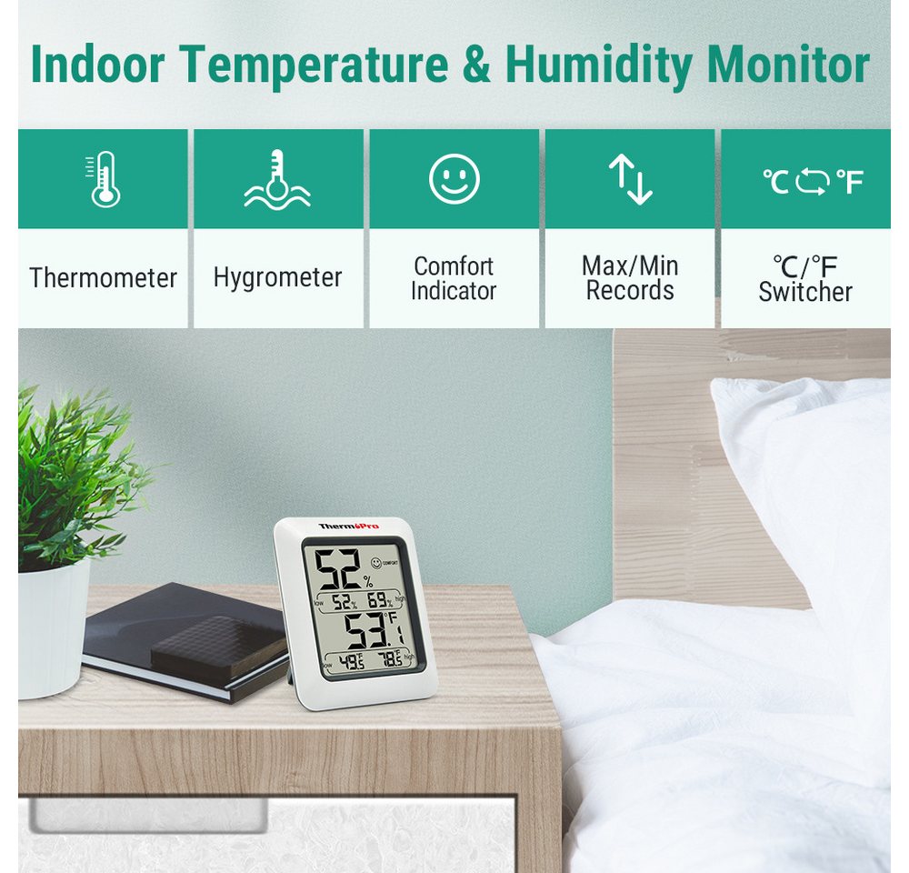 ThermoPro Hygrometer TP50, (Packung, 3-St), Höchstwerte und Tiefstwerte, Komfortindikator, Magnetrückseite Bild 3