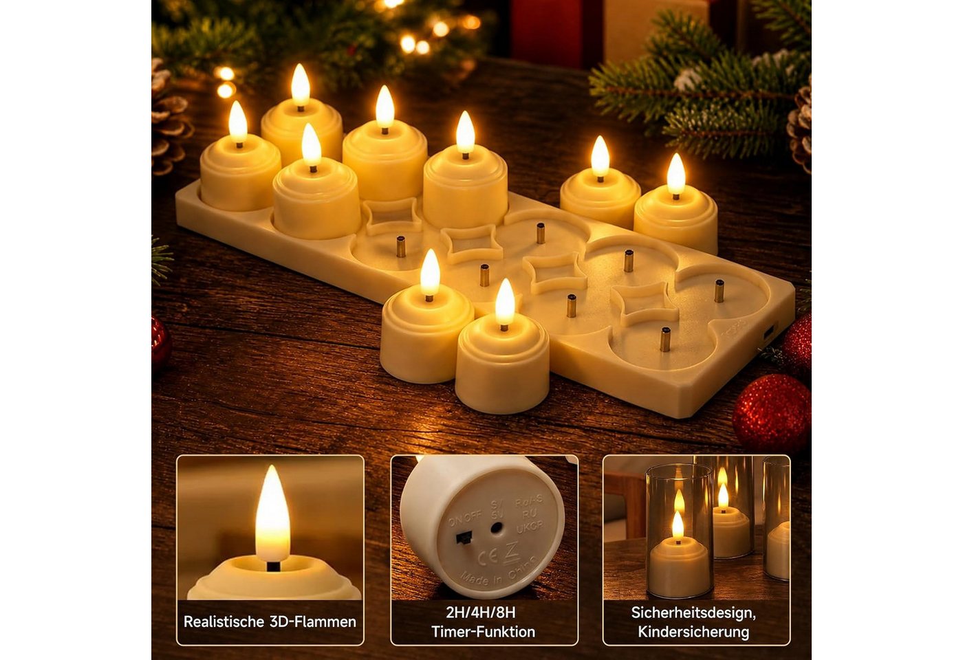 GarveeMore LED-Teelichter wiederaufladbar, mit Ladestation und Fernbedienung, Timer, LED fest integriert, mit 3D-Flamme flackernd Bild 2