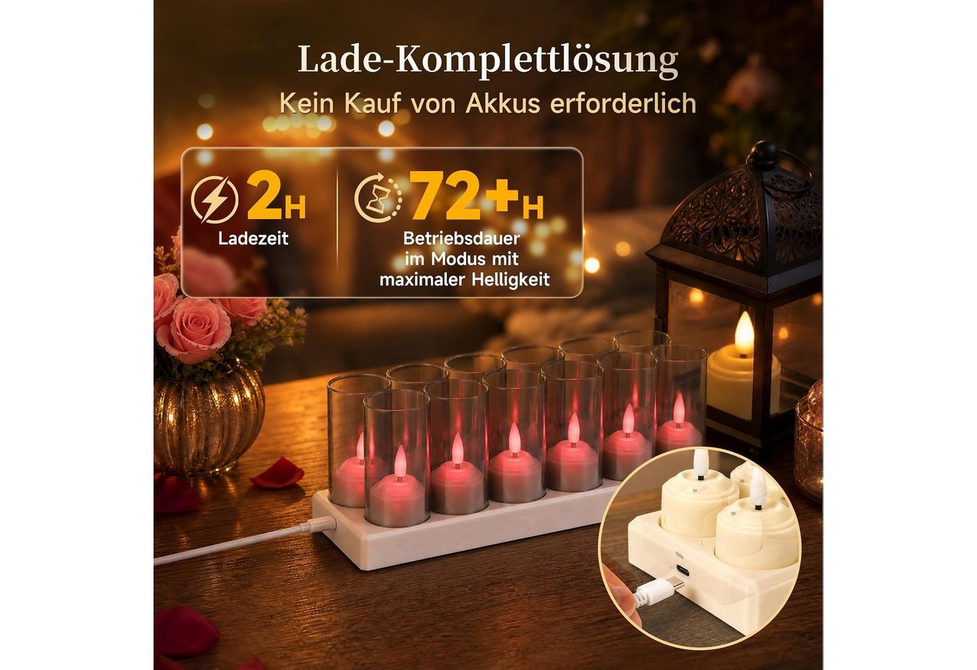 GarveeMore LED-Teelichter wiederaufladbar, mit Ladestation und Fernbedienung, Timer, LED fest integriert, mit 3D-Flamme flackernd Bild 3