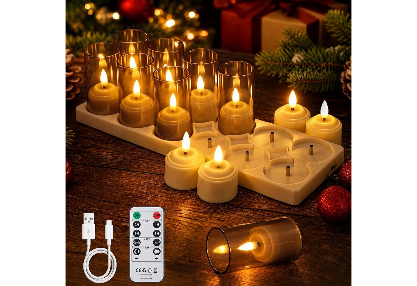 GarveeMore LED-Teelichter wiederaufladbar, mit Ladestation und Fernbedienung, Timer, LED fest integriert, mit 3D-Flamme flackernd Bild 4