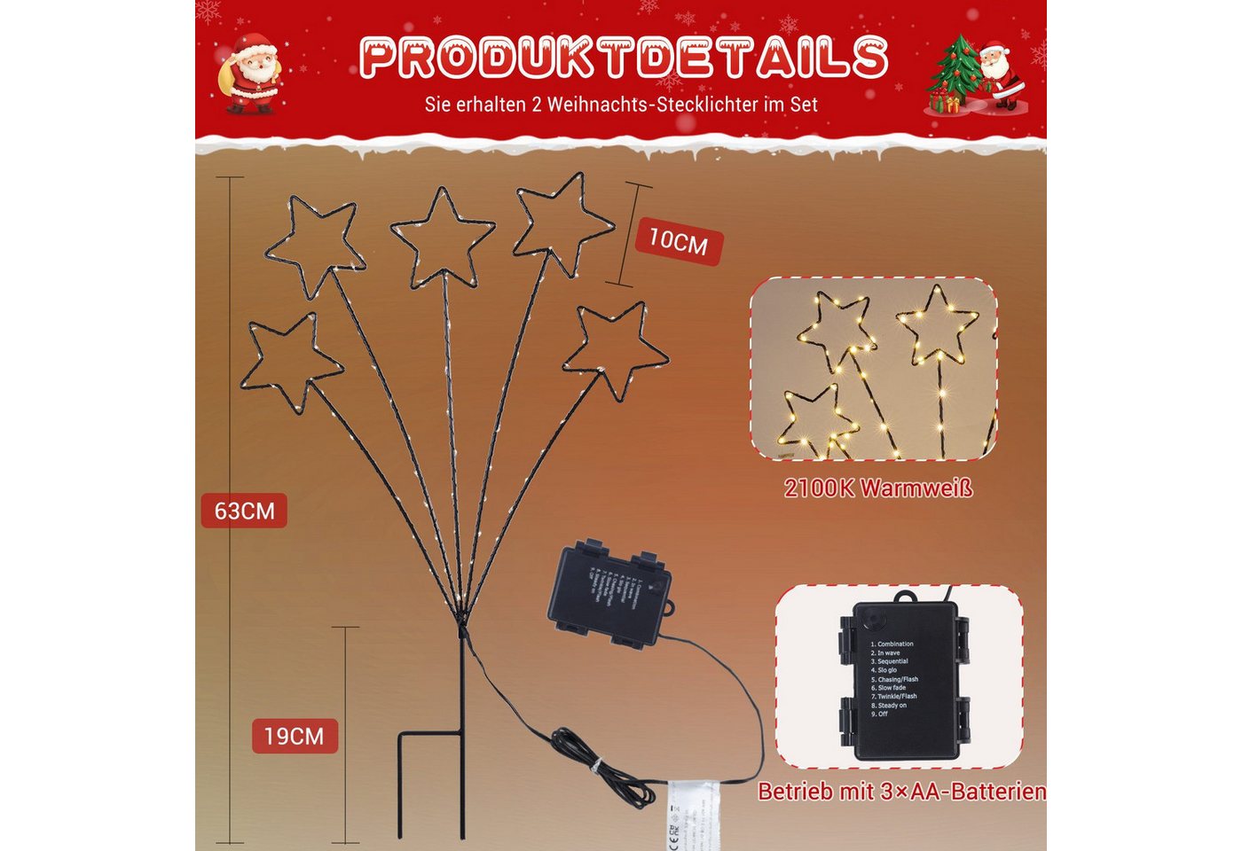 Quntis LED-Lichterkette Weihnachtsdeko Gartenstecker mit Timer, Weihnachtsbeleuchtung Garten, 2er Set LED Sternlichter für Weihnachten Außen Wege Rasen, Batterie