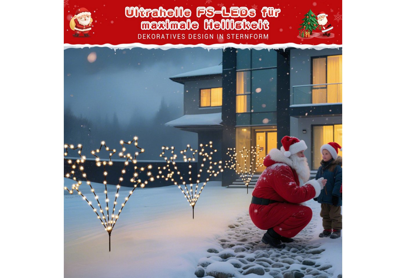 Quntis LED-Lichterkette Weihnachtsdeko Gartenstecker mit Timer, Weihnachtsbeleuchtung Garten, 2er Set LED Sternlichter für Weihnachten Außen Wege Rasen, Batterie Bild 2