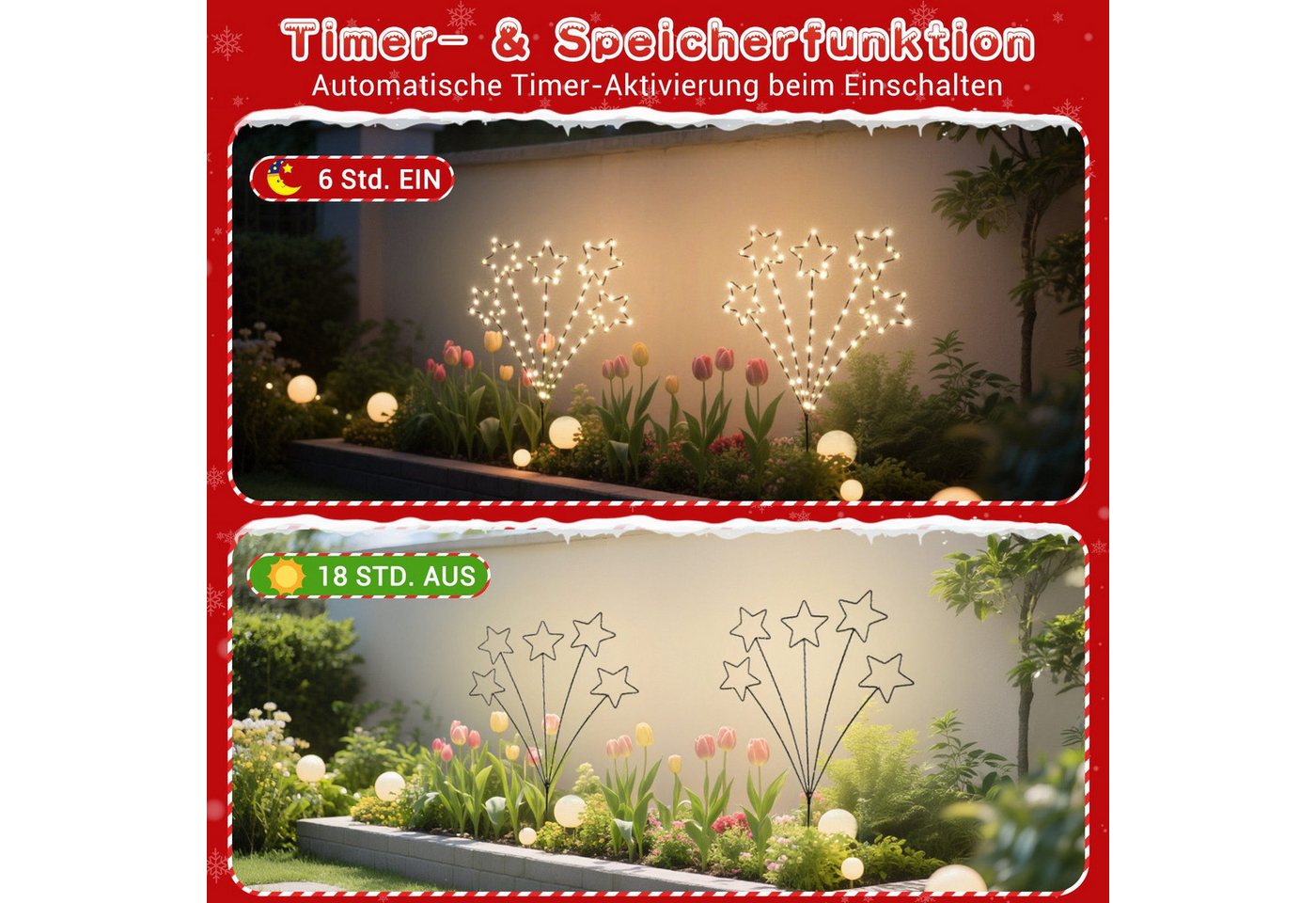 Quntis LED-Lichterkette Weihnachtsdeko Gartenstecker mit Timer, Weihnachtsbeleuchtung Garten, 2er Set LED Sternlichter für Weihnachten Außen Wege Rasen, Batterie Bild 3