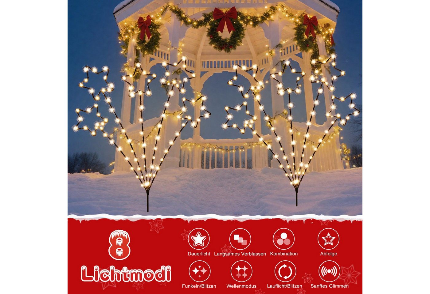 Quntis LED-Lichterkette Weihnachtsdeko Gartenstecker mit Timer, Weihnachtsbeleuchtung Garten, 2er Set LED Sternlichter für Weihnachten Außen Wege Rasen, Batterie Bild 5
