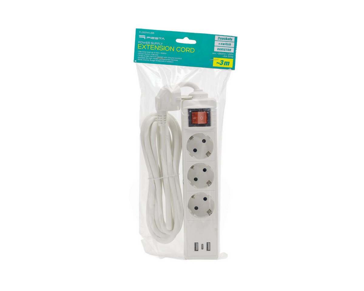 Fiesta Steckdosenleiste 3-fach (Ein Aus Schalter, USB Ladefunktion, Kindersicherung, Überspannungsschutz, Kabellänge 3 m), 3 Steckdosen mit USB A und USB C Ladefunktion Bild 2