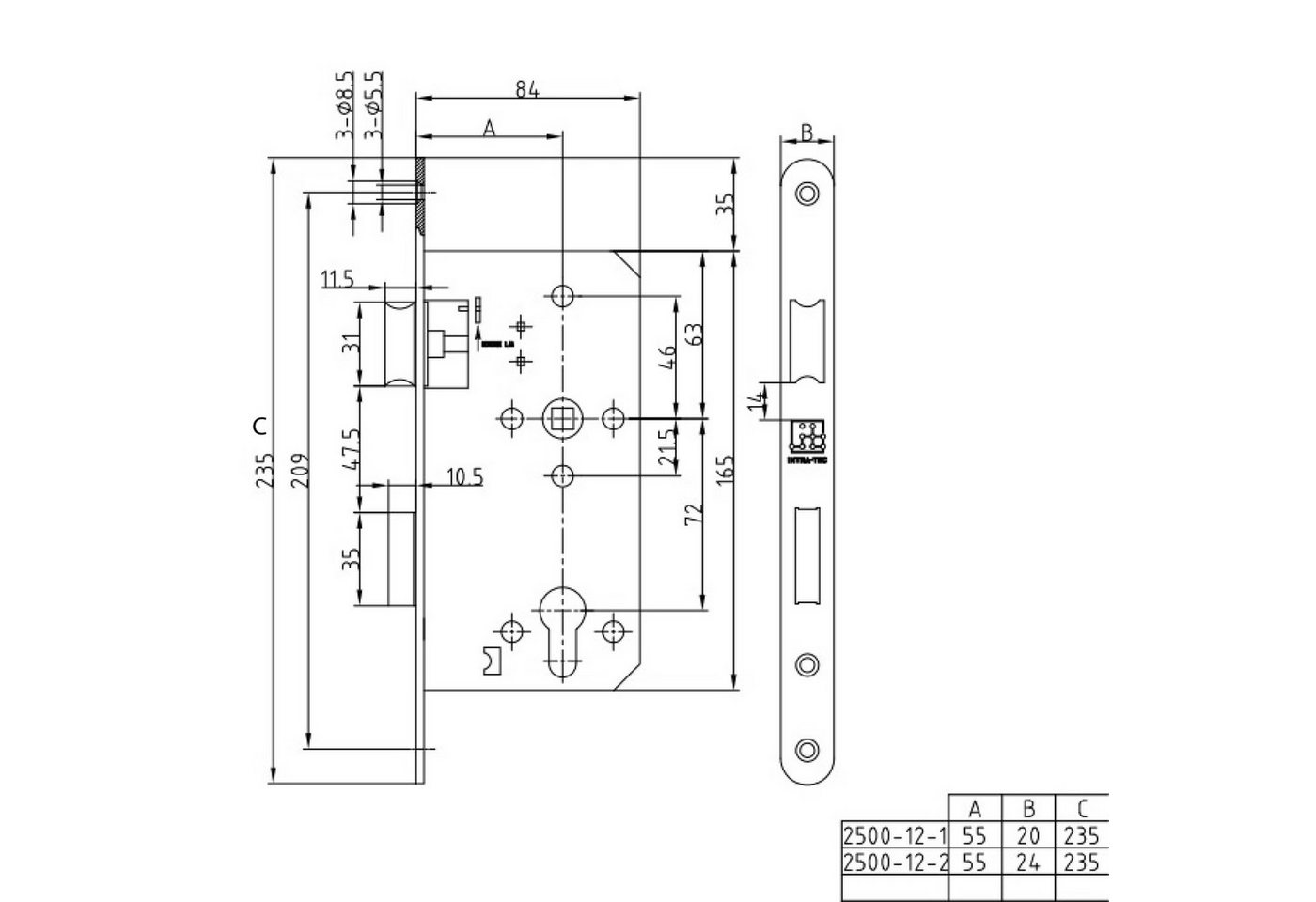 INTRA-TEC Einsteckschloss Zimmertürschloss für stumpf einschlagende Türen »Einsteckschloss, Zimmertürschloss«, Dornmaß 55 mm, 1-tlg., Entfernung 72mm, Stulp 24×235mm, DIN L/R, Edelstahl-Stulpe, PZ Bild 4