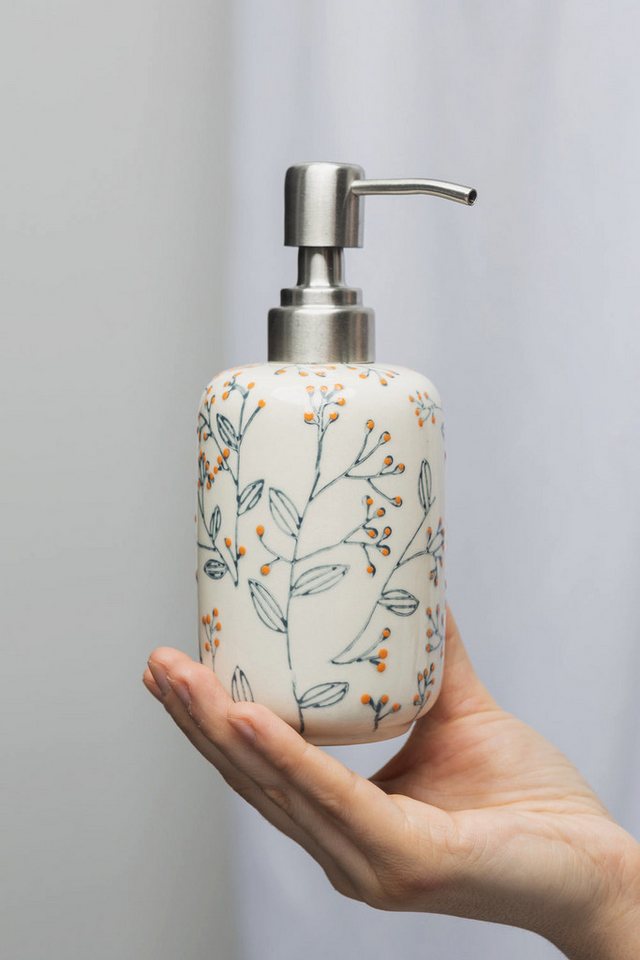 Tranquillo Seifenspender 300ml Steinzeug ROMANTIC mit Edelstahlkopf Ø7,5x17 cm handgefertigt, (Einzelartikel, Einzelner Seifenspender, kein Set und keine Mehrfachpackung), Floraler Print für romantisches Ambiente im Bad Bild 3