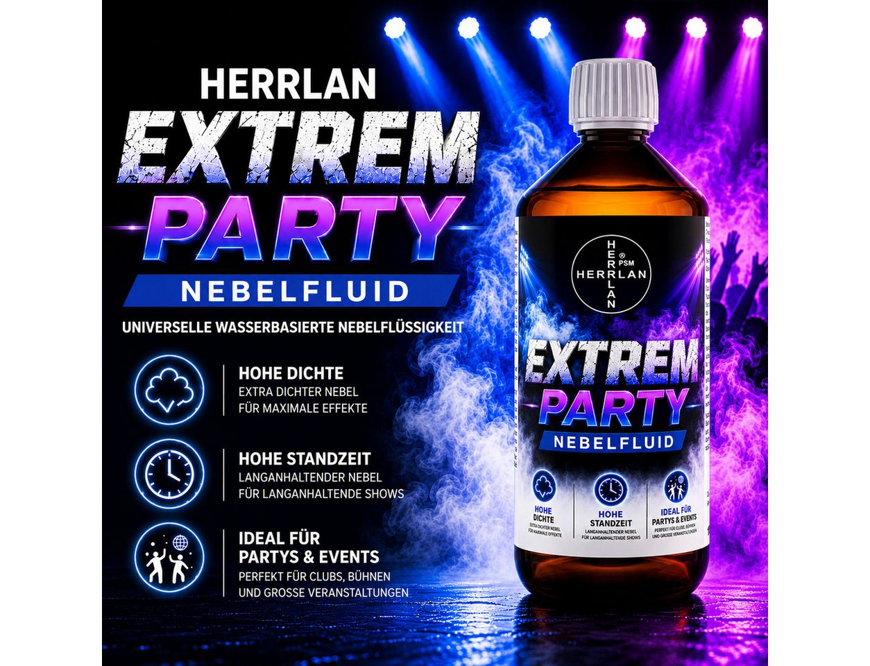 HERRLAN Discolicht EXTREM PARTY Nebelfluid universelle wasserbasierte Nebelflüssigkeit, 5 Liter, mit extrem hoher Dichte und hoher Standzeit.