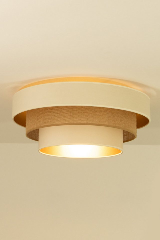 Licht-Erlebnisse Deckenleuchte FAKO, ohne Leuchtmittel, Stoff E27 B: 50 cm in Ecru Beige Gold 3-flammig rund Modern