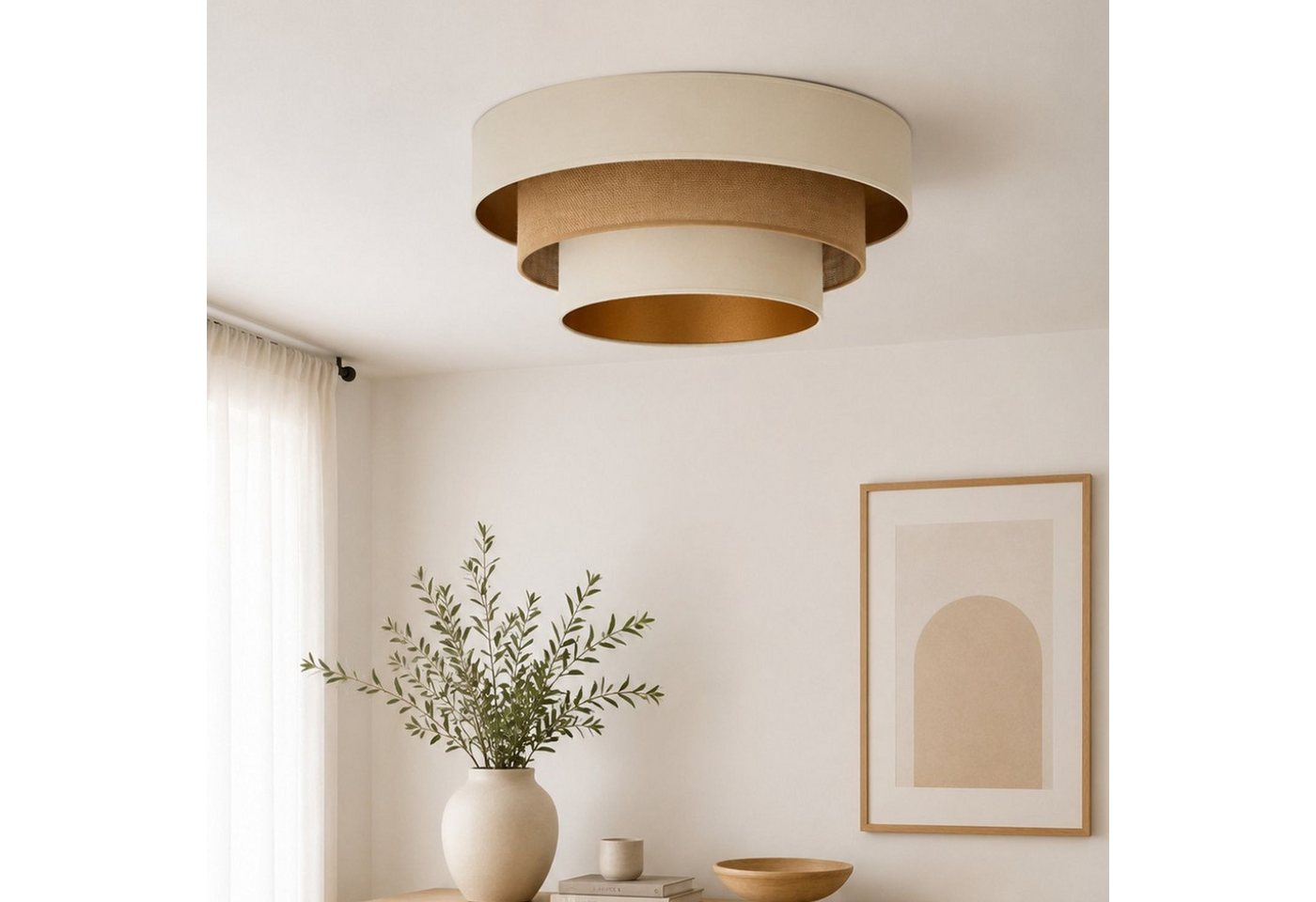 Licht-Erlebnisse Deckenleuchte FAKO, ohne Leuchtmittel, Stoff E27 B: 50 cm in Ecru Beige Gold 3-flammig rund Modern Bild 4