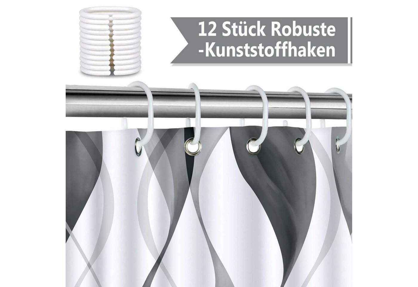 Zyronn Duschvorhang Wellenstreifen-Duschvorhang, wasserdichter und schimmelresistenter Breite 180 cm, Polyester-Duschvorhang für Badezimmer, Duschkabinen und Hotels Bild 2
