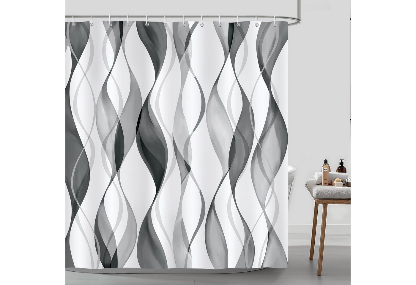 Zyronn Duschvorhang Wellenstreifen-Duschvorhang, wasserdichter und schimmelresistenter Breite 180 cm, Polyester-Duschvorhang für Badezimmer, Duschkabinen und Hotels Bild 3