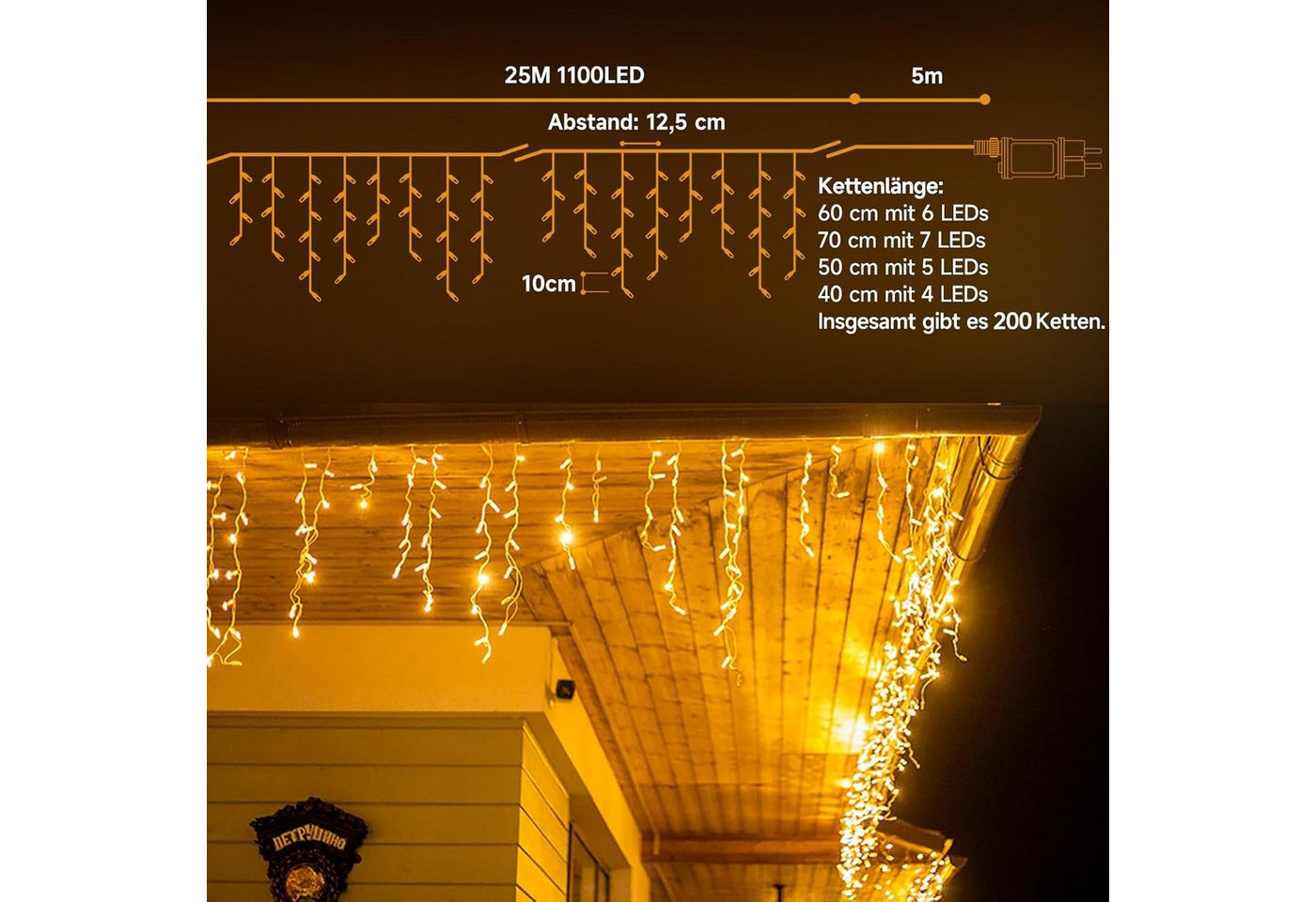 GarveeMore LED-Lichterkette Eisregen für außen, extra hohe LED-Dichte, strombetrieben, warmweiß, 1100-flammig, Mit Fernbedienung & Timer, IP44, ideal für Dachrinne & Balkon Bild 3
