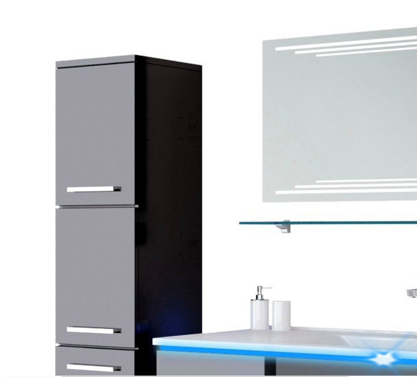 Homeline Badmöbel-Set Badmöbel Set montiert Schwarz Hochglanz Badezimmermöbel 120 cm, (Spar set, 6-St., Spiegel, Waschbecken, Unterschrank, Keramik beginnen Hochschrank) Bild 2