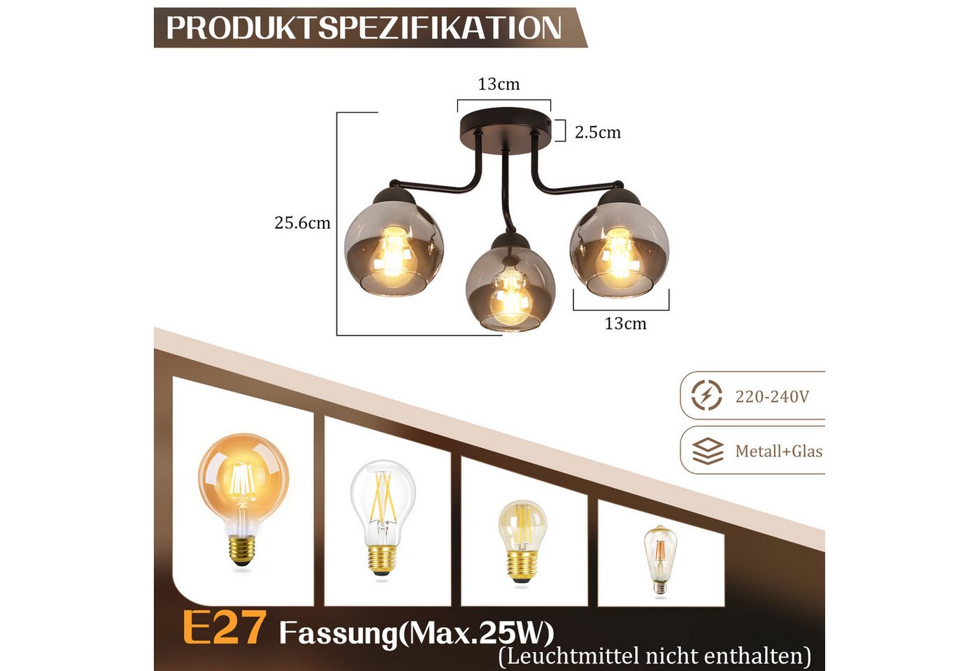 Nettlife Deckenleuchte Glas Schwarz/Gold Vintage 2/3/5 flammig E27 Industrial Flurlampe, ohne Leuchtmittel, Deckenlampe für Wohnzimmer Schlafzimmer flur Bild 5