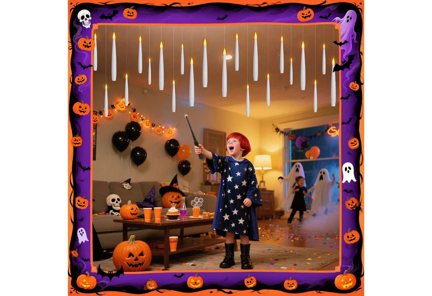 OZAVO LED-Kerze 12PCS schwebende Kerzen mit Timerfunktion,Fernbedienung und Batterien, Mit Zauberstab,Flammenlose Kerzen für Weihnachten Halloween Deko Bild 2