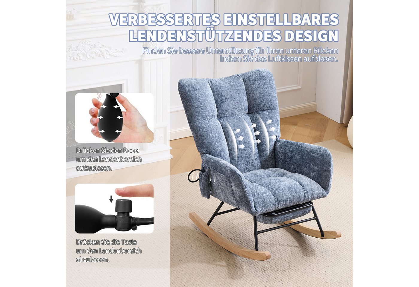 Livzenau Schaukelstuhl Schaukelstuhl Wohnzimmer mit Fußstütze & Luftkissen-Rückenlehne, Chenille Relaxsessel mit Stauraum & Komfort Rückenlehne Bild 2