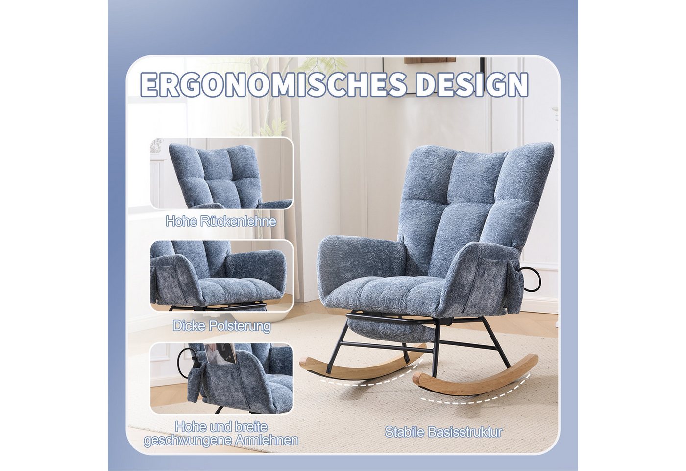 Livzenau Schaukelstuhl Schaukelstuhl Wohnzimmer mit Fußstütze & Luftkissen-Rückenlehne, Chenille Relaxsessel mit Stauraum & Komfort Rückenlehne Bild 4