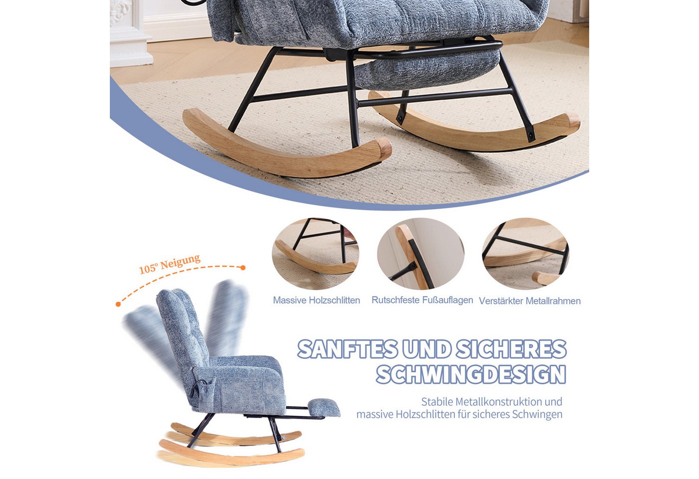 Livzenau Schaukelstuhl Schaukelstuhl Wohnzimmer mit Fußstütze & Luftkissen-Rückenlehne, Chenille Relaxsessel mit Stauraum & Komfort Rückenlehne Bild 5