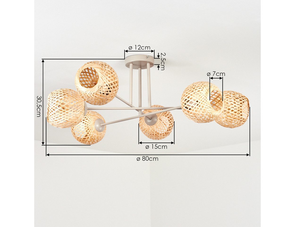 hofstein Deckenleuchte Deckenlampe aus Metall/Bambus in Sandfarben/Natur mit Lichteffekt, ohne Leuchtmittel, Deckenleuchte im modernen Retro/Boho-Design, 6 x E14