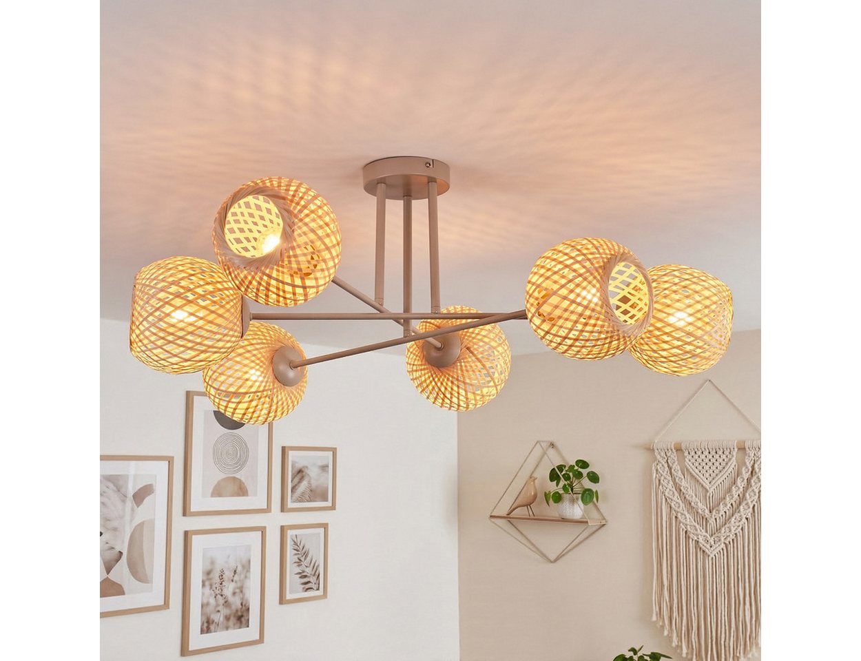 hofstein Deckenleuchte Deckenlampe aus Metall/Bambus in Sandfarben/Natur mit Lichteffekt, ohne Leuchtmittel, Deckenleuchte im modernen Retro/Boho-Design, 6 x E14 Bild 2