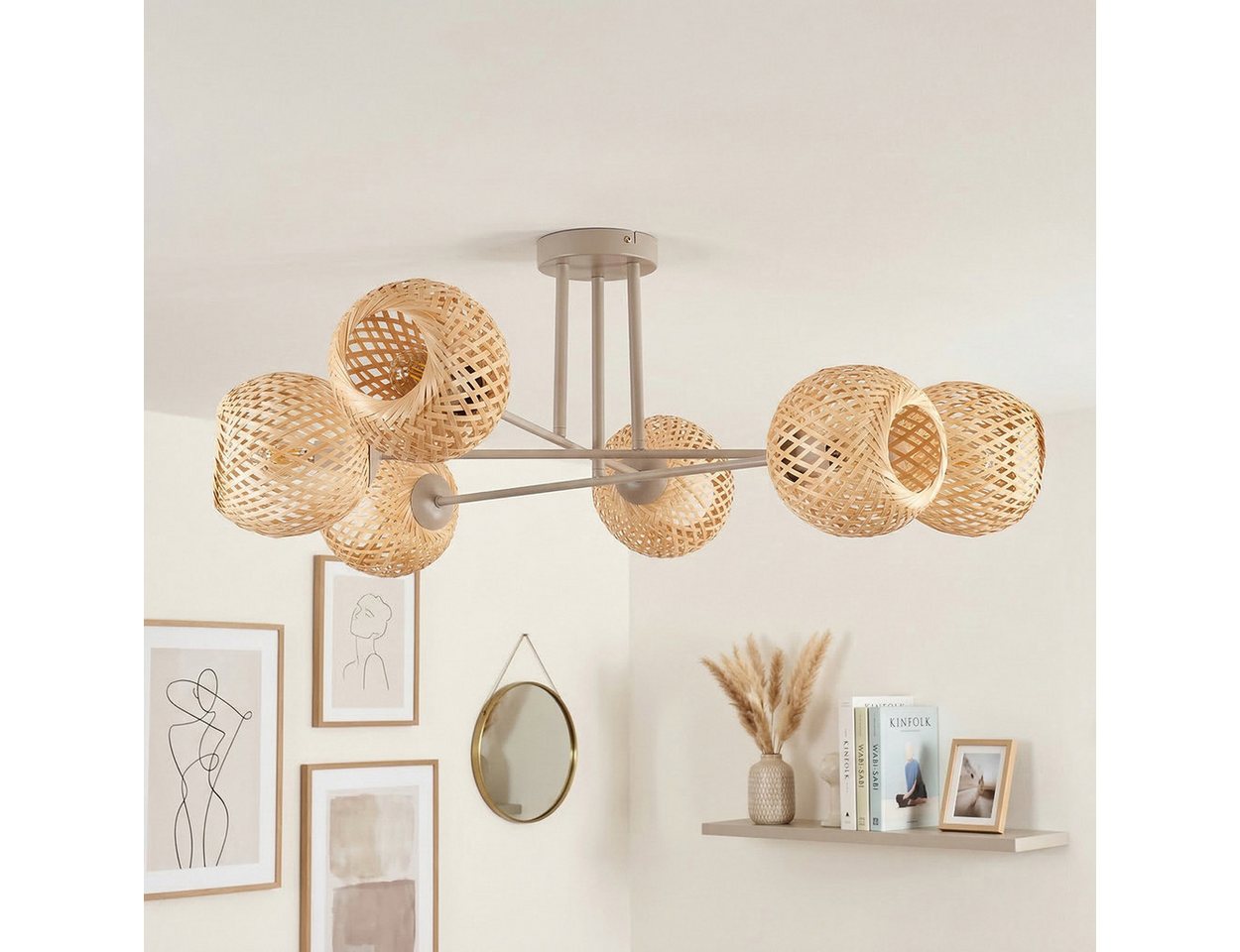 hofstein Deckenleuchte Deckenlampe aus Metall/Bambus in Sandfarben/Natur mit Lichteffekt, ohne Leuchtmittel, Deckenleuchte im modernen Retro/Boho-Design, 6 x E14 Bild 4
