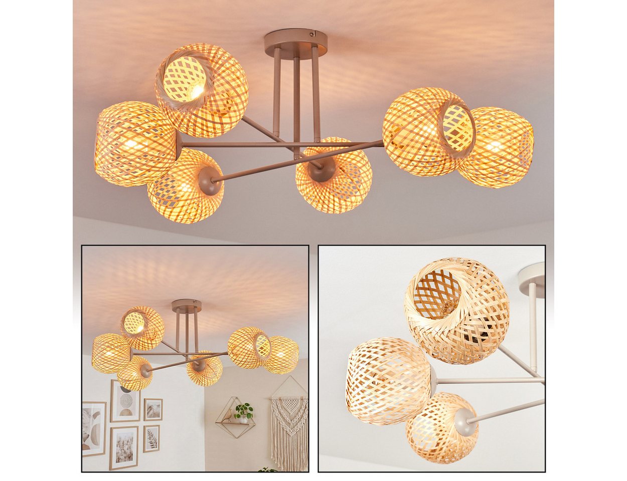 hofstein Deckenleuchte Deckenlampe aus Metall/Bambus in Sandfarben/Natur mit Lichteffekt, ohne Leuchtmittel, Deckenleuchte im modernen Retro/Boho-Design, 6 x E14 Bild 5