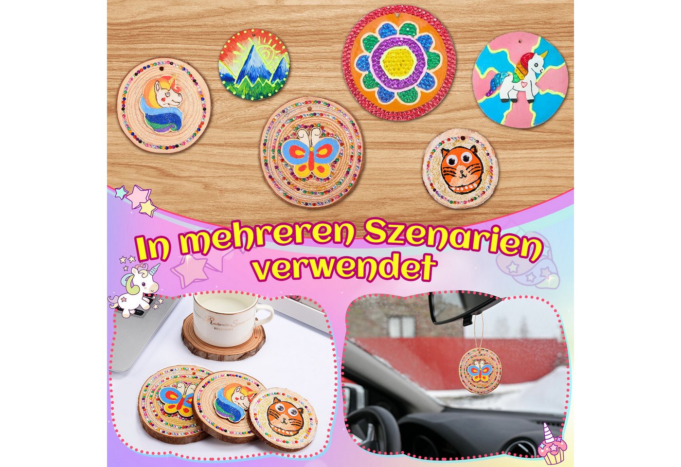 Wootoy Kreativset Holz-Malset mit Leuchteffekt DIY Set Bastelset für Kinder Holzscheiben, (mit Holzscheiben Holzornamenten Farben, Leuchtfarben und Zubehör, 10-tlg., Glow-in-the-Dark-Effekt sorgt nach Lichteinwirkung im Dunkeln), Ideal für Familienprojekte Geschenk für Kinder ab 3 Jahren