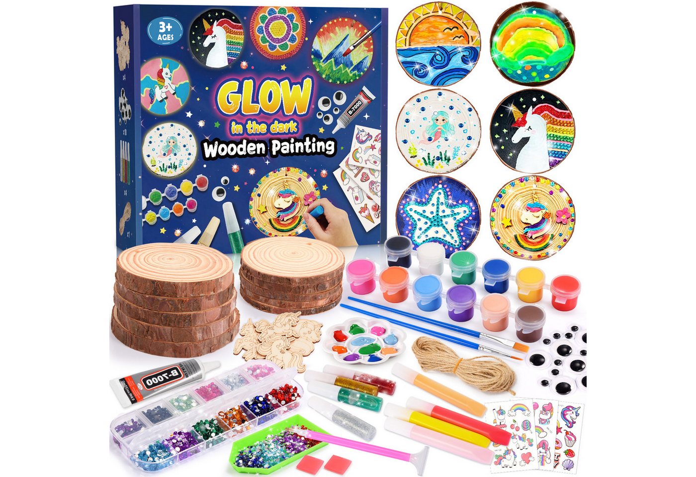 Wootoy Kreativset Holz-Malset mit Leuchteffekt DIY Set Bastelset für Kinder Holzscheiben, (mit Holzscheiben Holzornamenten Farben, Leuchtfarben und Zubehör, 10-tlg., Glow-in-the-Dark-Effekt sorgt nach Lichteinwirkung im Dunkeln), Ideal für Familienprojekte Geschenk für Kinder ab 3 Jahren Bild 2