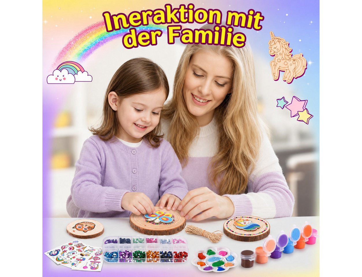 Wootoy Kreativset Holz-Malset mit Leuchteffekt DIY Set Bastelset für Kinder Holzscheiben, (mit Holzscheiben Holzornamenten Farben, Leuchtfarben und Zubehör, 10-tlg., Glow-in-the-Dark-Effekt sorgt nach Lichteinwirkung im Dunkeln), Ideal für Familienprojekte Geschenk für Kinder ab 3 Jahren Bild 4