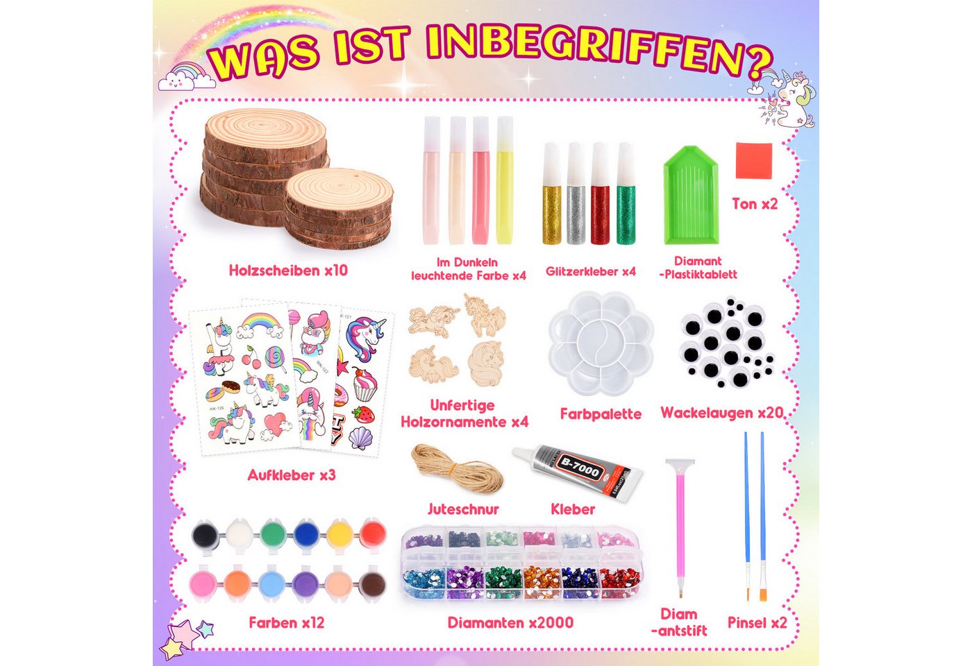 Wootoy Kreativset Holz-Malset mit Leuchteffekt DIY Set Bastelset für Kinder Holzscheiben, (mit Holzscheiben Holzornamenten Farben, Leuchtfarben und Zubehör, 10-tlg., Glow-in-the-Dark-Effekt sorgt nach Lichteinwirkung im Dunkeln), Ideal für Familienprojekte Geschenk für Kinder ab 3 Jahren Bild 5